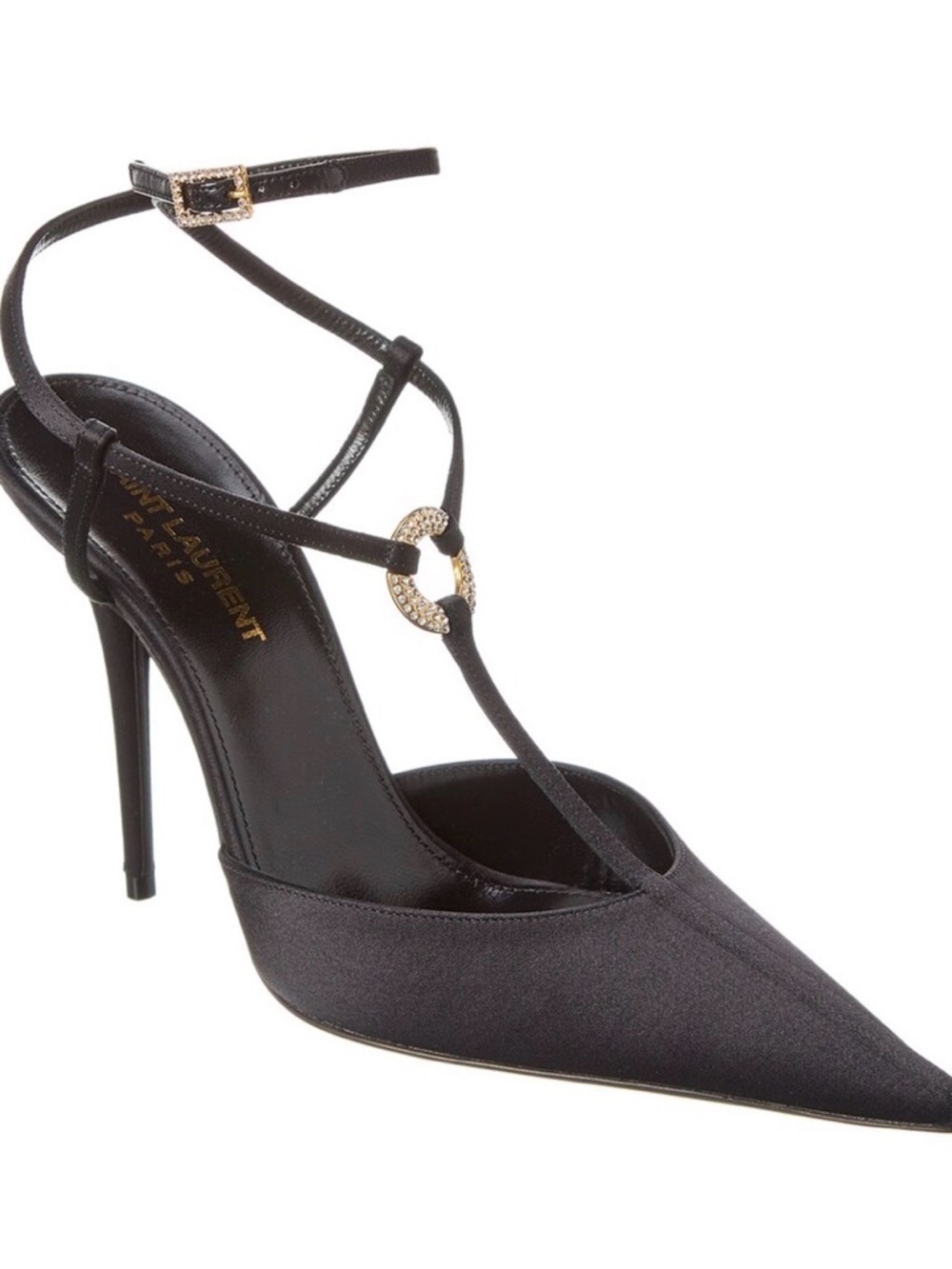 Yves Saint Laurent Black Satin Pointed T-Strap Stiletto with Gold Accent